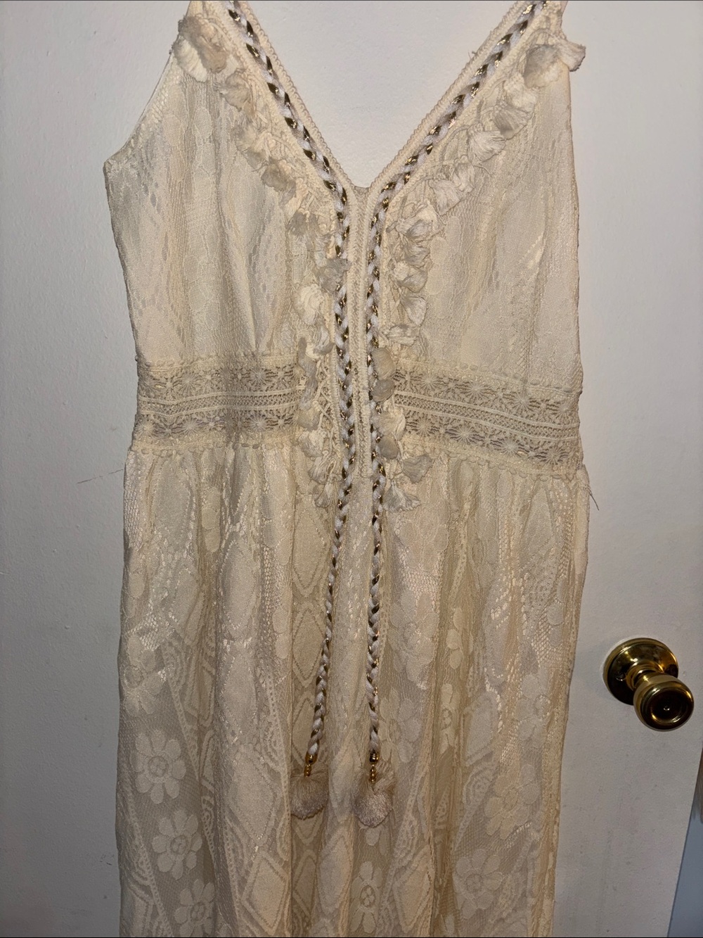 Boho Cream Lace Maxi Dress with Tassel Tie - Picture 3 of 8
